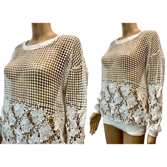 Bobeau White Floral Crochet Sheer Pullover Sweater | M - Picture 6 of 6